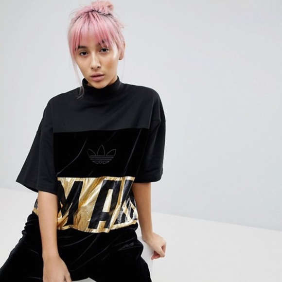 BRAND NEW Adidas Velour Gold Foil Oversized Shirt - Picture 2 of 4